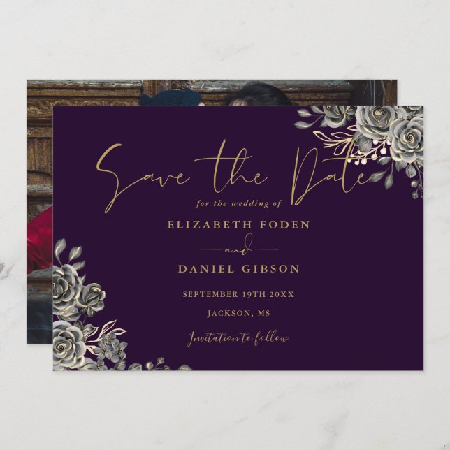 Save The Date Mariage photo gothique violet et or (Devant / Derrière)