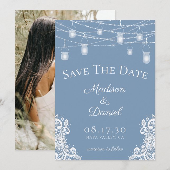 Save The Date Mariage Photo Lumières Bleu Poussiéreux Rustique (Devant / Derrière)