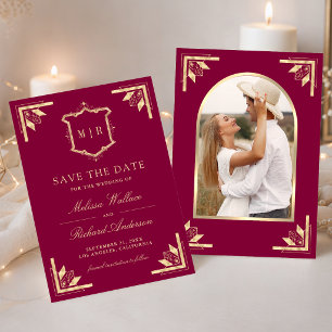 Save The Date Mariage Photo Magenta Monogramme Couronne Dorée