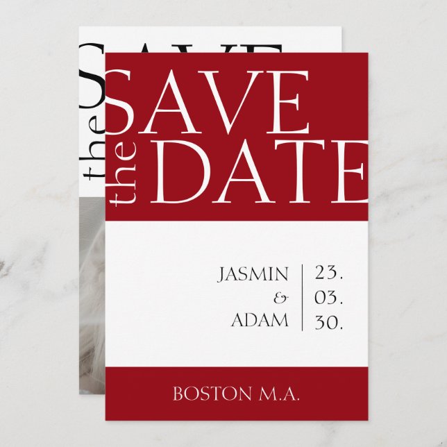 Save The Date Mariage photo minimal rouge Crimson blanc (Devant / Derrière)