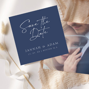 Save The Date Mariage Photo Minimaliste Bleu Marine Script