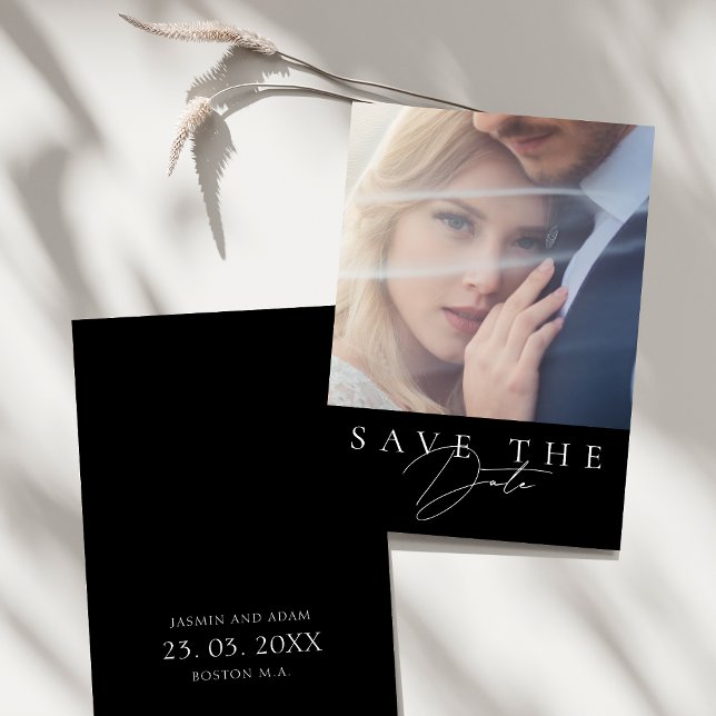 Save The Date Mariage photo minimaliste noir simple script (Minimalist Black Simple Script Photo Wedding Save The Date)