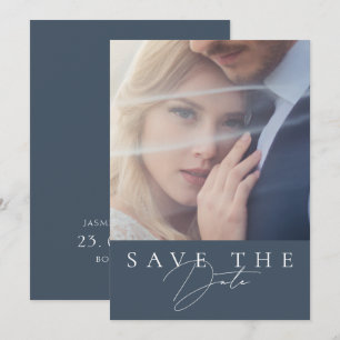 Save The Date Mariage Photo Minimaliste Royal Bleu Script
