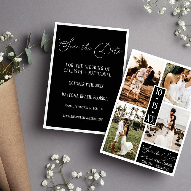 Save The Date Mariage photo moderne Elegant Blanc Noir Quatre (Créateur téléchargé)