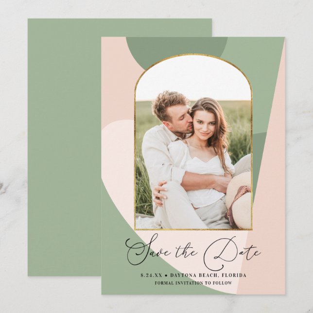 Save The Date Mariage photo moderne Geo Sage vert Dusty rose (Devant / Derrière)