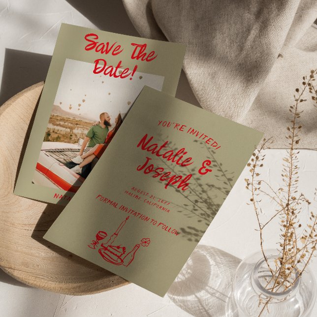 Save The Date Mariage photo moderne rouge main dessinée Retro Qu (Créateur téléchargé)