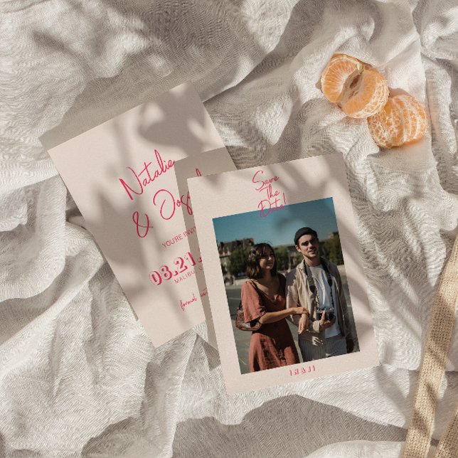 Save The Date Mariage photo moderne Whimsical rose vif rétro (Créateur téléchargé)