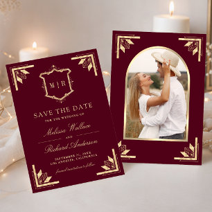 Save The Date Mariage Photo Monogramme Burgundy Couronne d'Or