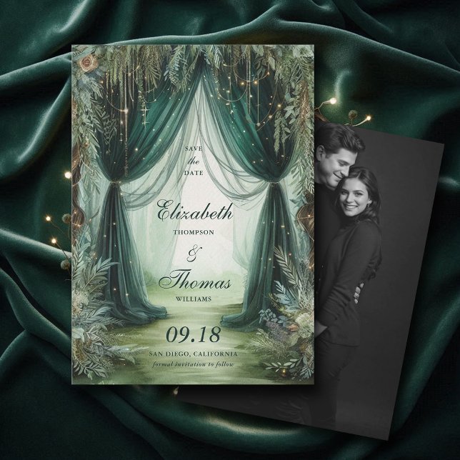 Save The Date Mariage photo Moody Forêt Enchantée (enchanted forest woodland wedding save the date calligraphy fairy tale elegant moody emerald green)