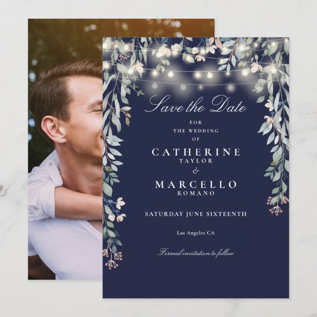 Save The Date Mariage photo Navy Blue Floral (Devant / Derrière)