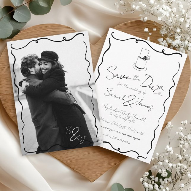 Save The Date Mariage photo noir et blanc (Modern trendy black and white minimalist hand drawn frame handwritten photo wedding save the date)