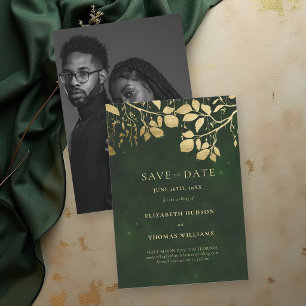 Save The Date Mariage Photo Or en Feuillage Enchanté Vert Chasse