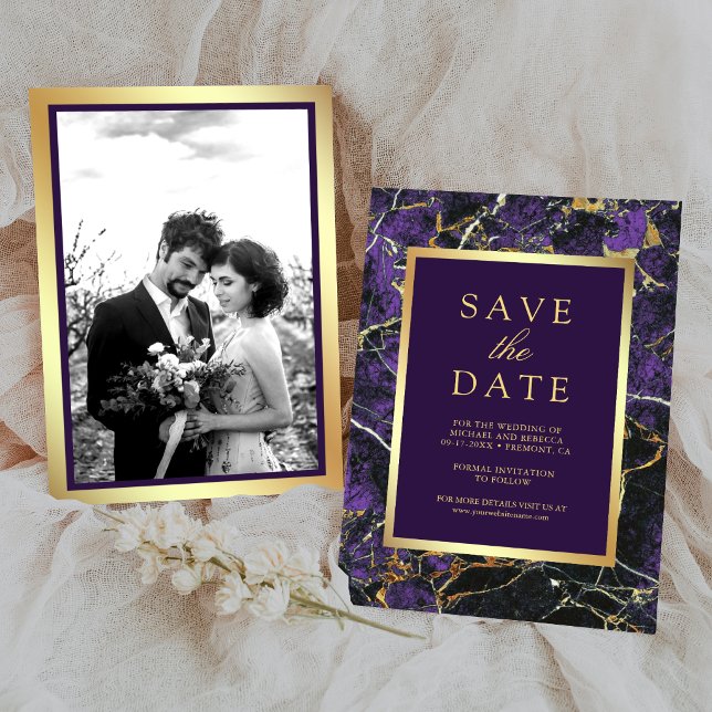 Save The Date Mariage Photo Or Marbre Violet (Créateur téléchargé)