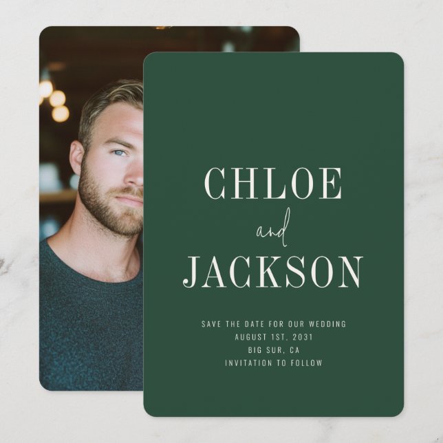 Save The Date Mariage photo personnalisé moderne vert forêt (Devant / Derrière)