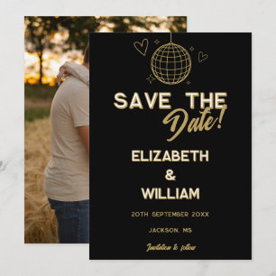Save The Date Mariage Photo Rétro Disco Groovy Noir et Or
