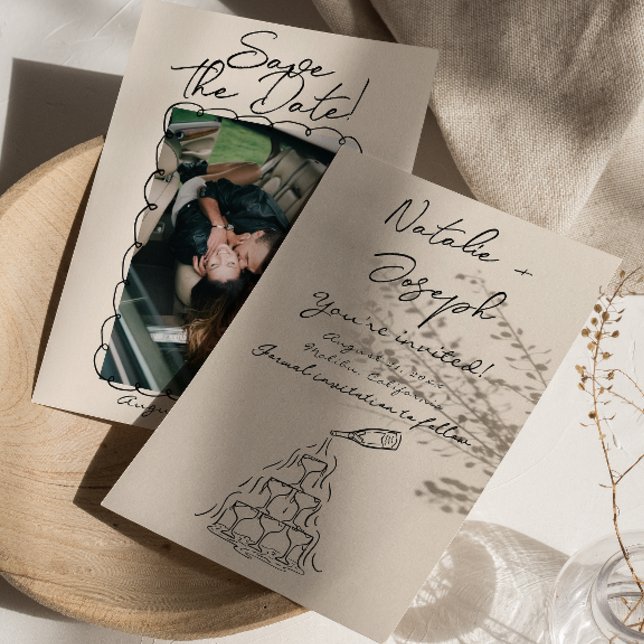 Save The Date Mariage photo Retro Hand Drawn Champagne (Créateur téléchargé)