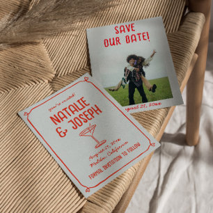 Save The Date Mariage photo Retro Hand Drawn Red Blue Cocktail