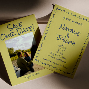 Save The Date Mariage photo Retro Main dessinée Bleu Vert Funky