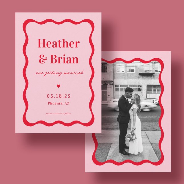 Save The Date Mariage photo Retro Pink and Red Squiggle (Créateur téléchargé)