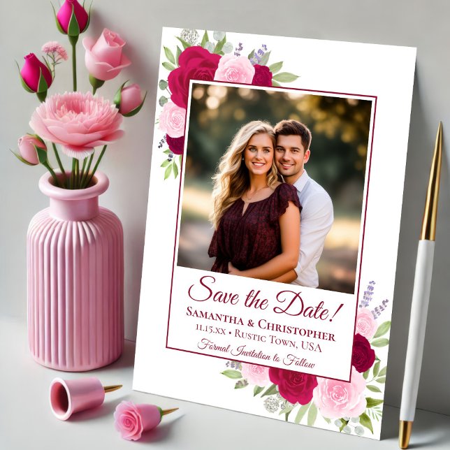 Save The Date Mariage photo Rose Hot Pink Magenta & Blush Boho (Créateur téléchargé)
