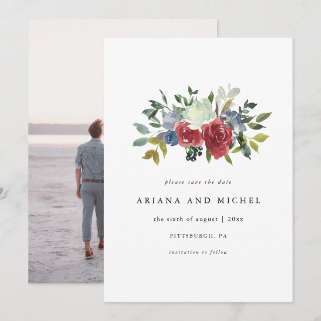 Save The Date Mariage photo Rustic Red et Blue Floral (Devant / Derrière)