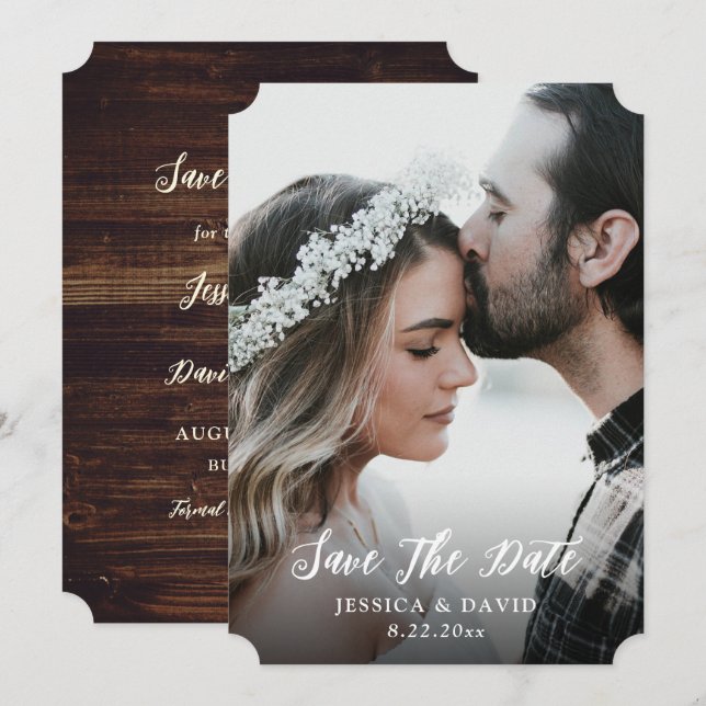 Save The Date Mariage photo rustique à fond de bois (Devant / Derrière)