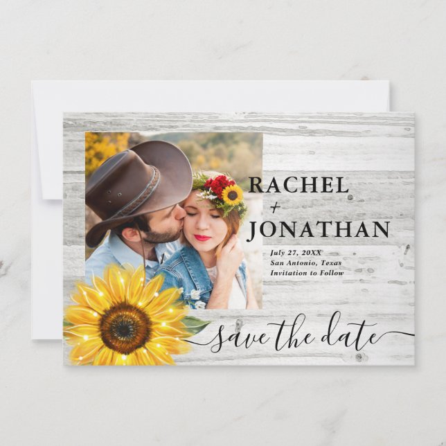 Save The Date Mariage photo Rustique Tournesol blanc (Devant)