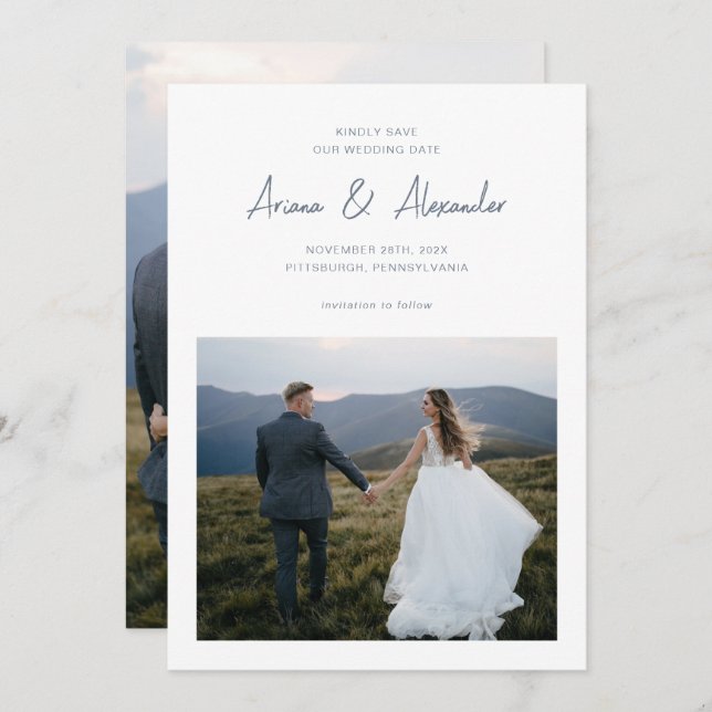 Save The Date Mariage photo simple Dusty Blue Script (Devant / Derrière)
