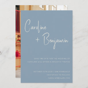 Save The Date Mariage photo simple moderne Dusty Blue Script