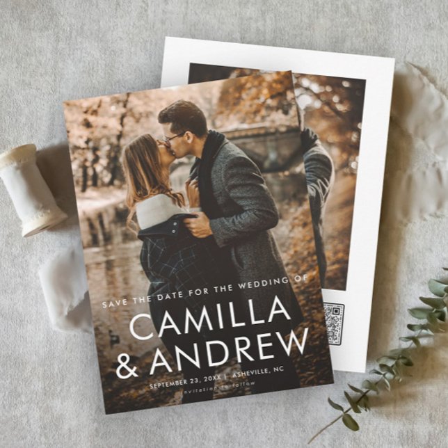 Save The Date Mariage photo simple Typographique QR code 2 (Simple typographic 2 photo wedding save the date with QR code on the back.)