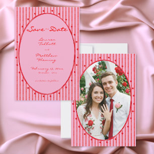 Save The Date Mariage Photo Stripe Aquarelle Rose Rouge Fantaisi