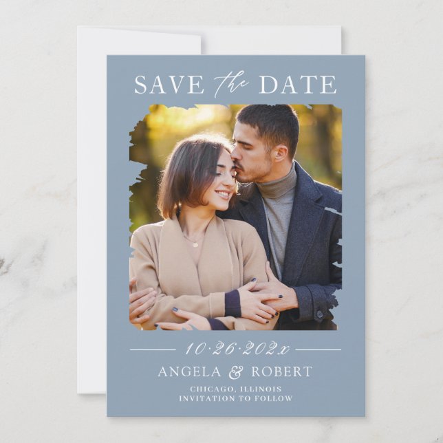 Save The Date Mariage photo Trendy Dusty Blue Brush Stroke (Devant)
