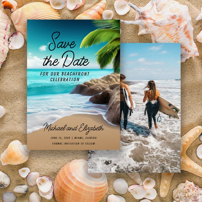 Save The Date Mariage photo Tropical Beach Palm Tree (Tropical beach/ocean/palm trees wedding Save the Date photo card)