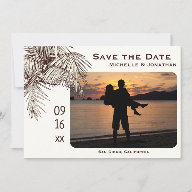 Save The Date Mariage photo Tropical Palm Tree Beach (Devant)