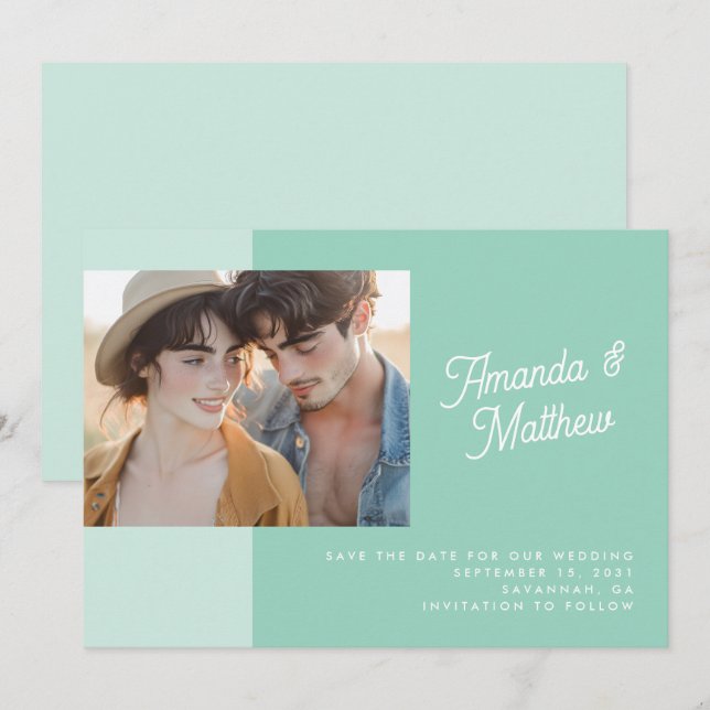 Save The Date Mariage photo vert de couleur moderne (Devant / Derrière)