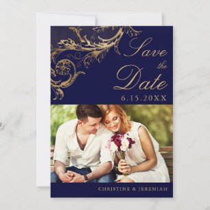 Save The Date Mariage photo vintage Blue Gold Floral Damask