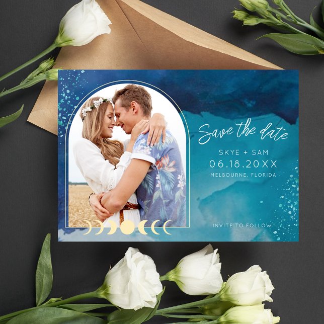 Save The Date Mariage photo Whimsical Watercolor (Beach Watercolor Whimsical Photo Wedding Save The Date)