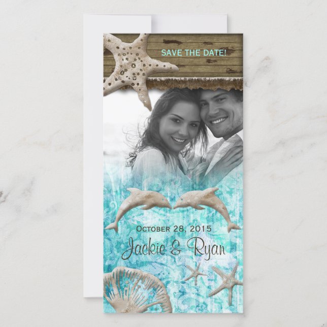 Save The Date Mariage plage Photocard Dolphins Blue Shells (Devant)