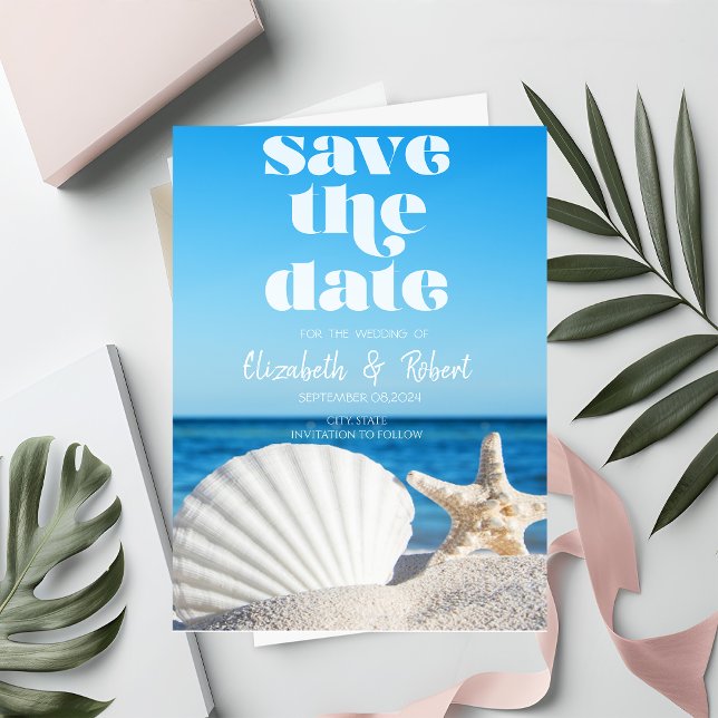 Save The Date Mariage Plage, Sable, Coquillages Blanches Sauvez  (Créateur téléchargé)