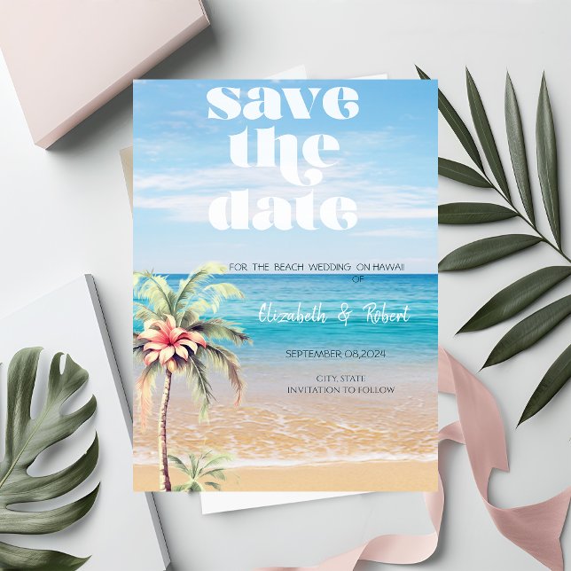 Save The Date Mariage Plage, Sable, Fleur De Palmier Enregistrer (Créateur téléchargé)