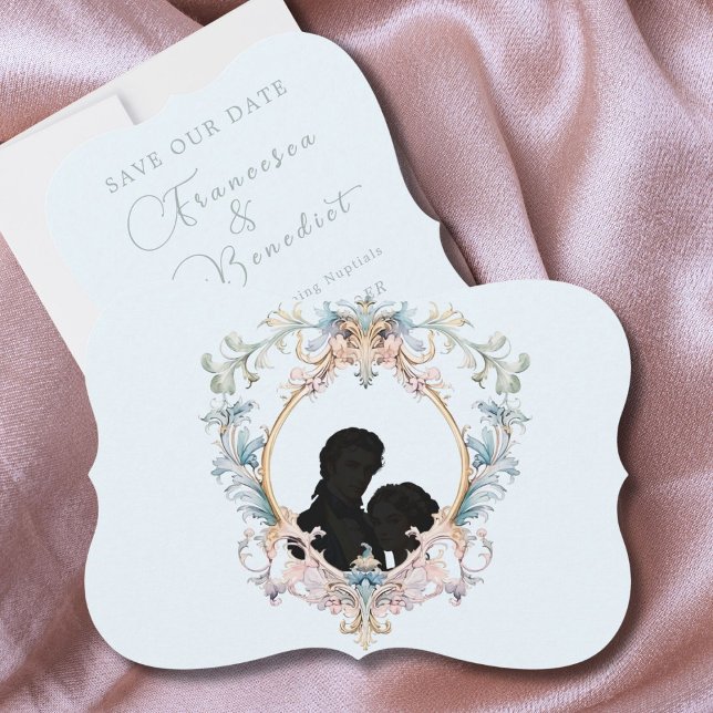 Save The Date Mariage Regency Silhouette Blue Monogramme (Créateur téléchargé)