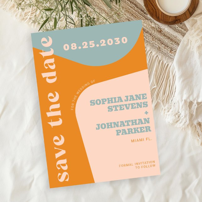 Save The Date Mariage rétro années 70 bleu poussiéreux orange ro (Créateur téléchargé)