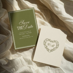 Save The Date Mariage Rétro Argent Ancien Vert Olive Ivoire