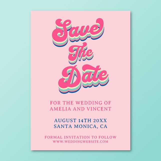 Save The Date Mariage Rétro Groovy Typographie Rose (Retro groovy save the date card on a turquoise background.)
