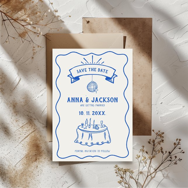 Save The Date Mariage Rétro Illustré à la Main Dessin Drôle Bleu (Retro Hand Illustrated Blue And White Quirky Wedding Save the Date )