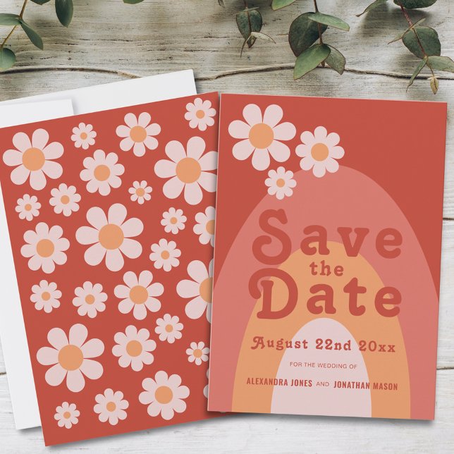 Save The Date Mariage Rétro Moderne des Années 70 (Retro 70s vintage daisy arch orange wedding save the date invitation with groovy typography )