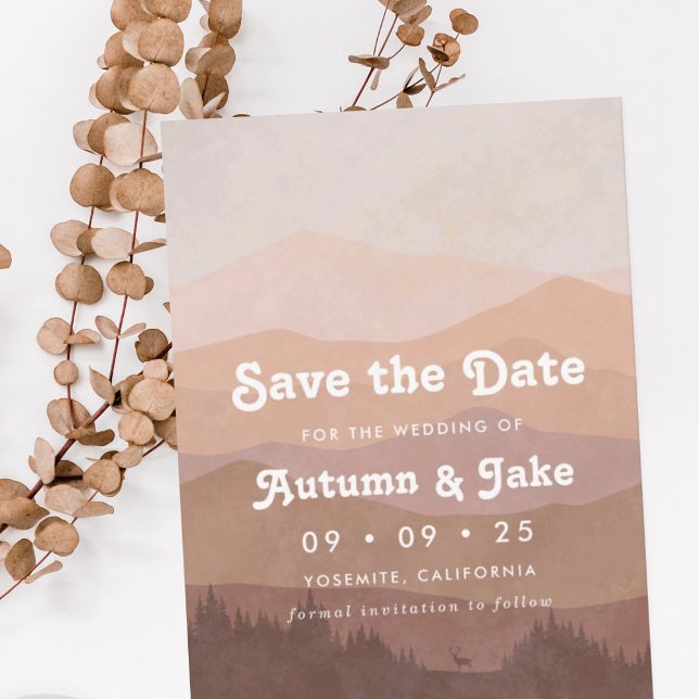 Save The Date Mariage rétro montagne et forêt ombré rose (Créateur téléchargé)