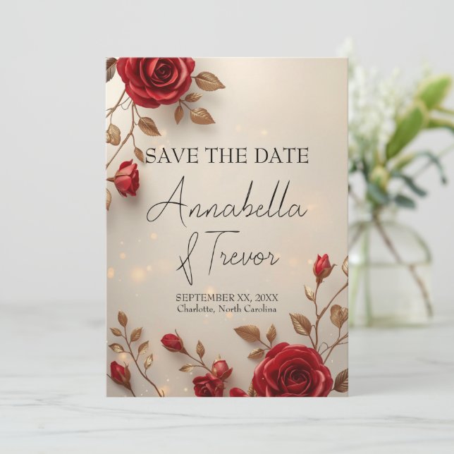 Save The Date Mariage Romantique aux Roses Rouges Enchantées et  (Debout devant)