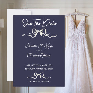 Save The Date Mariage Romantique Élégant Bleu Marine & Ruban & N