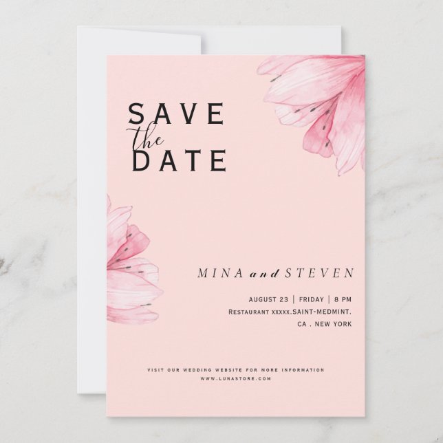 Save The Date Mariage Romantique Floral Rose Moderne  (Devant)